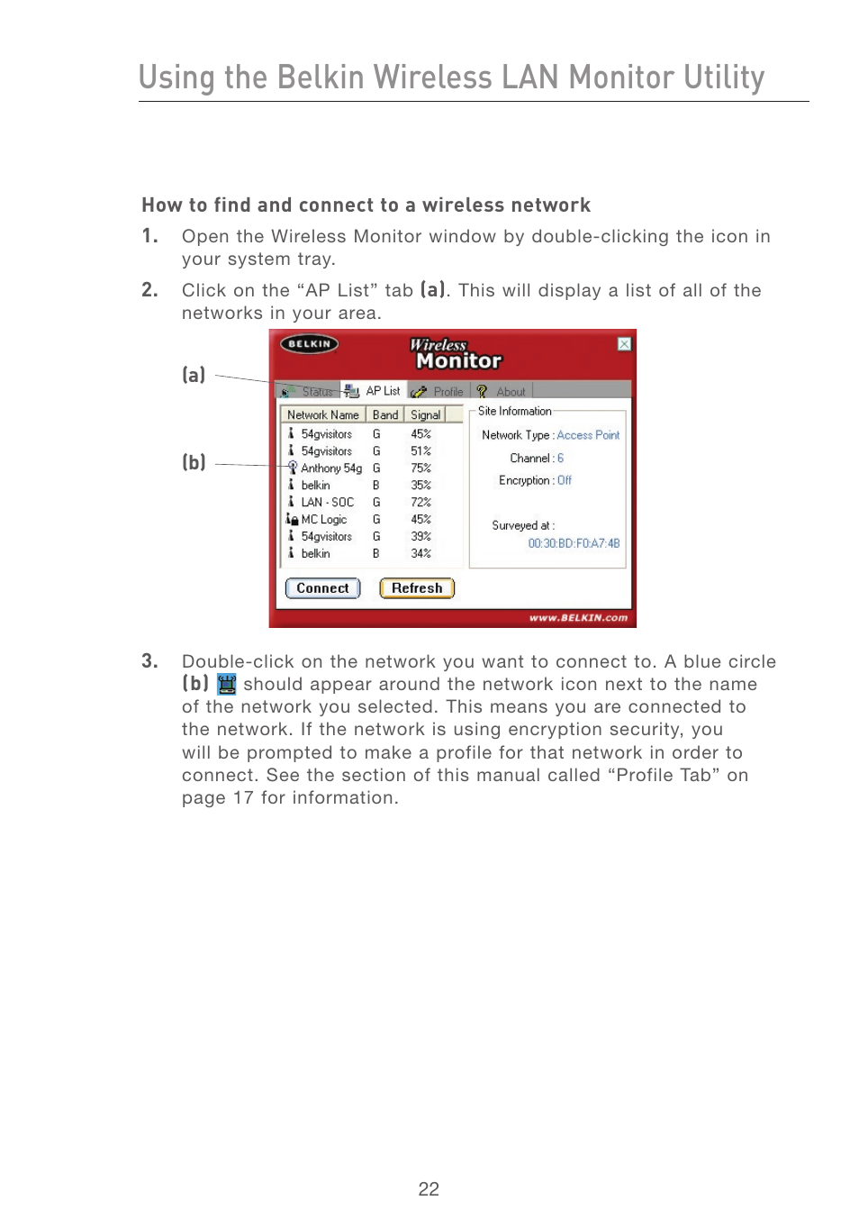 Using the belkin wireless lan monitor utility, Se ct io n | Belkin F5D7050 User Manual | Page 24 / 42