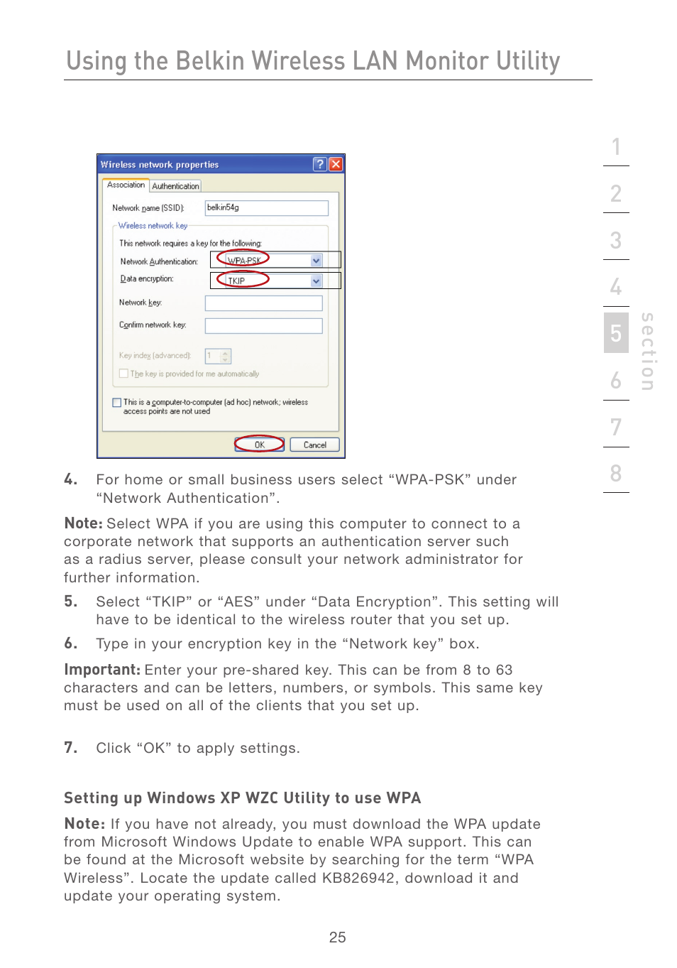 Using the belkin wireless lan monitor utility, Se ct io n | Belkin F5D7050 User Manual | Page 27 / 42