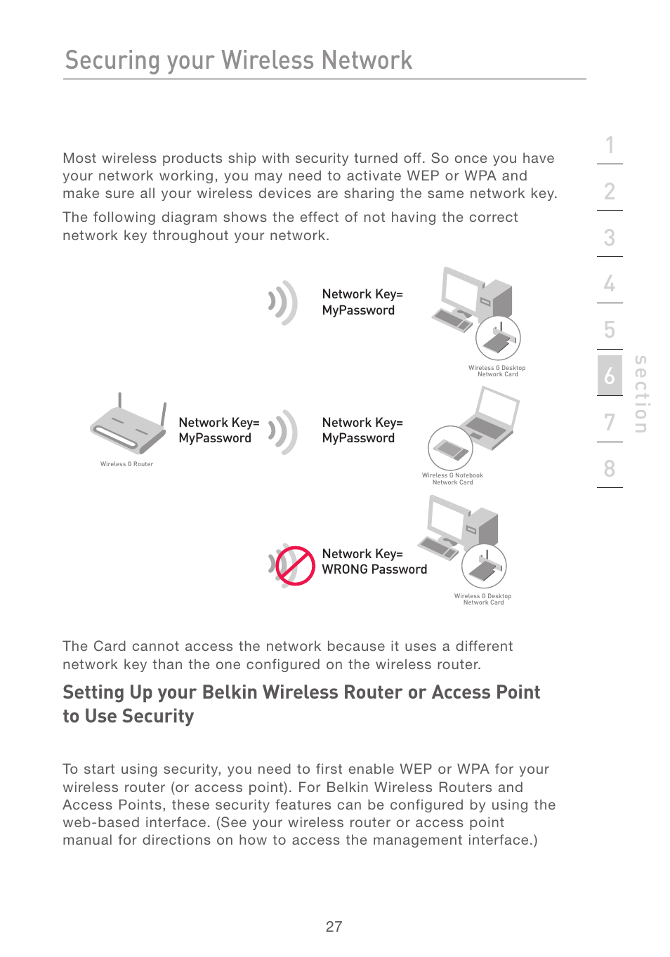 Securing your wireless network, Se ct io n | Belkin F5D7050 User Manual | Page 29 / 42
