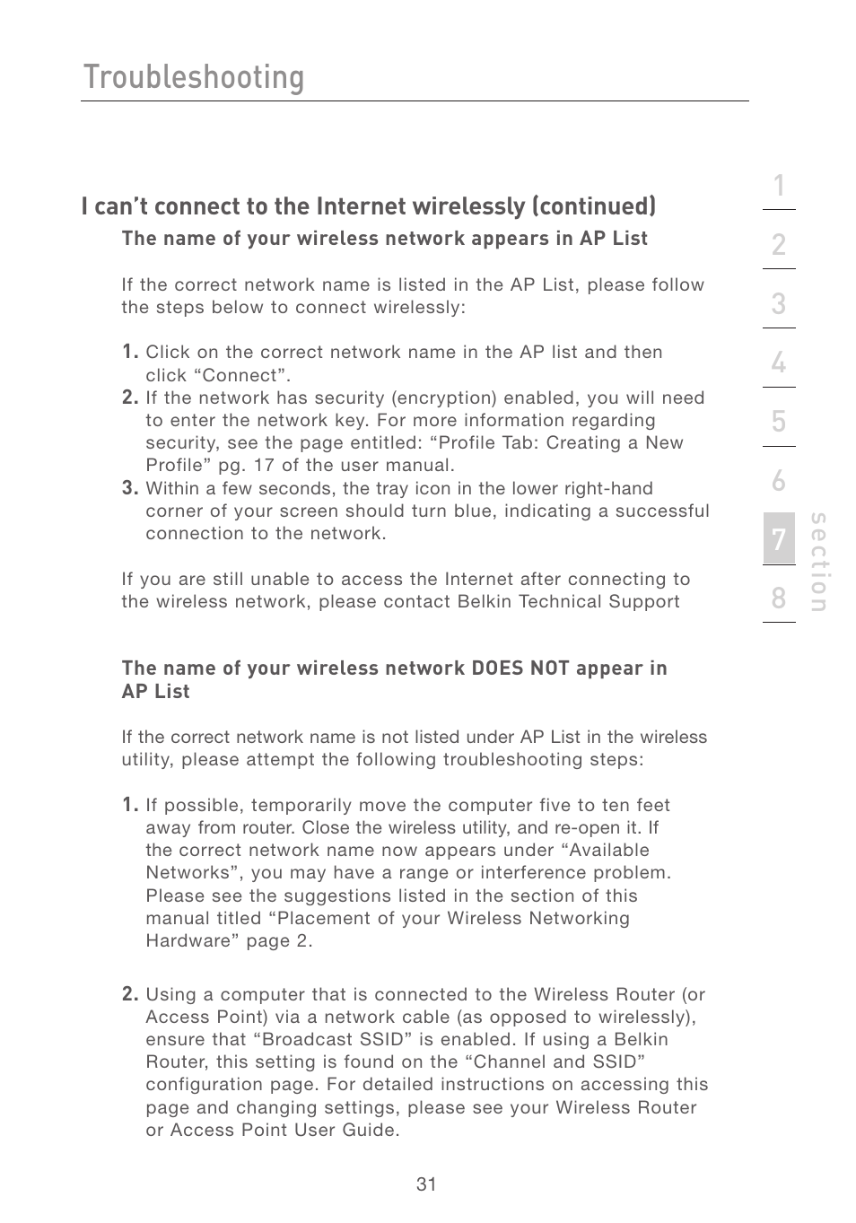 Troubleshooting, Se ct io n | Belkin F5D7050 User Manual | Page 33 / 42