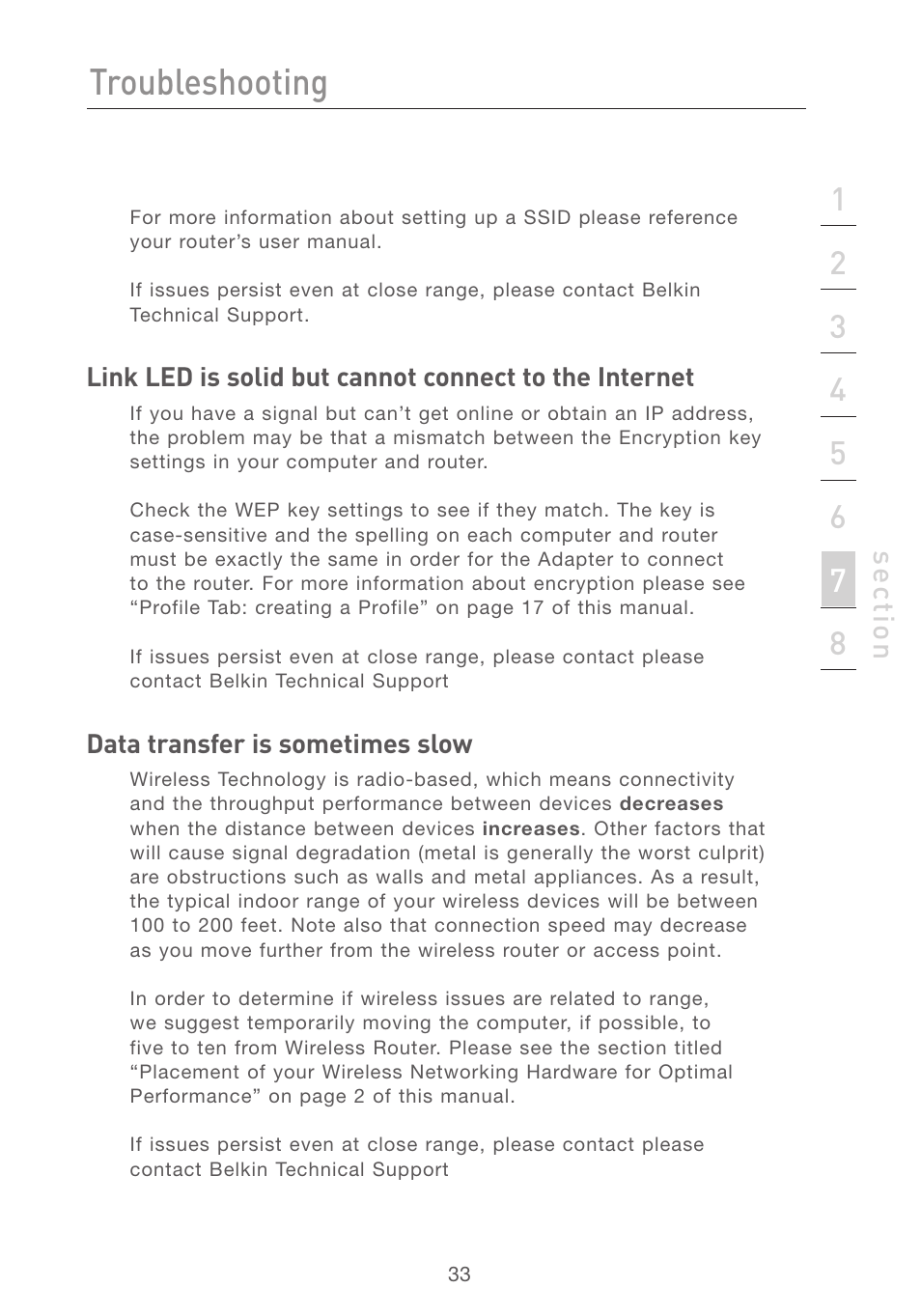 Troubleshooting, Se ct io n | Belkin F5D7050 User Manual | Page 35 / 42