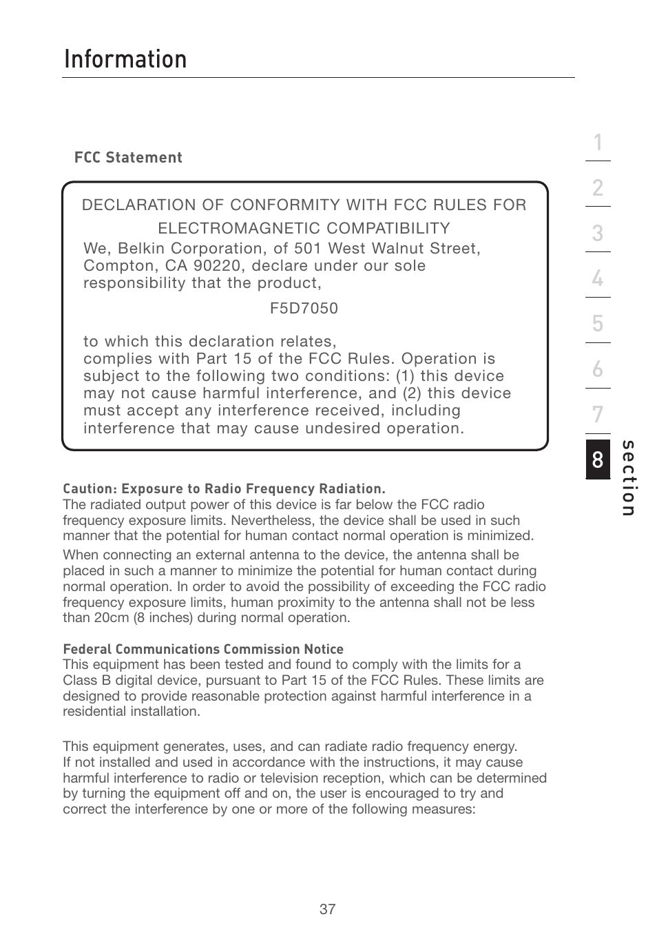 Troubleshooting information, Se ct io n | Belkin F5D7050 User Manual | Page 39 / 42