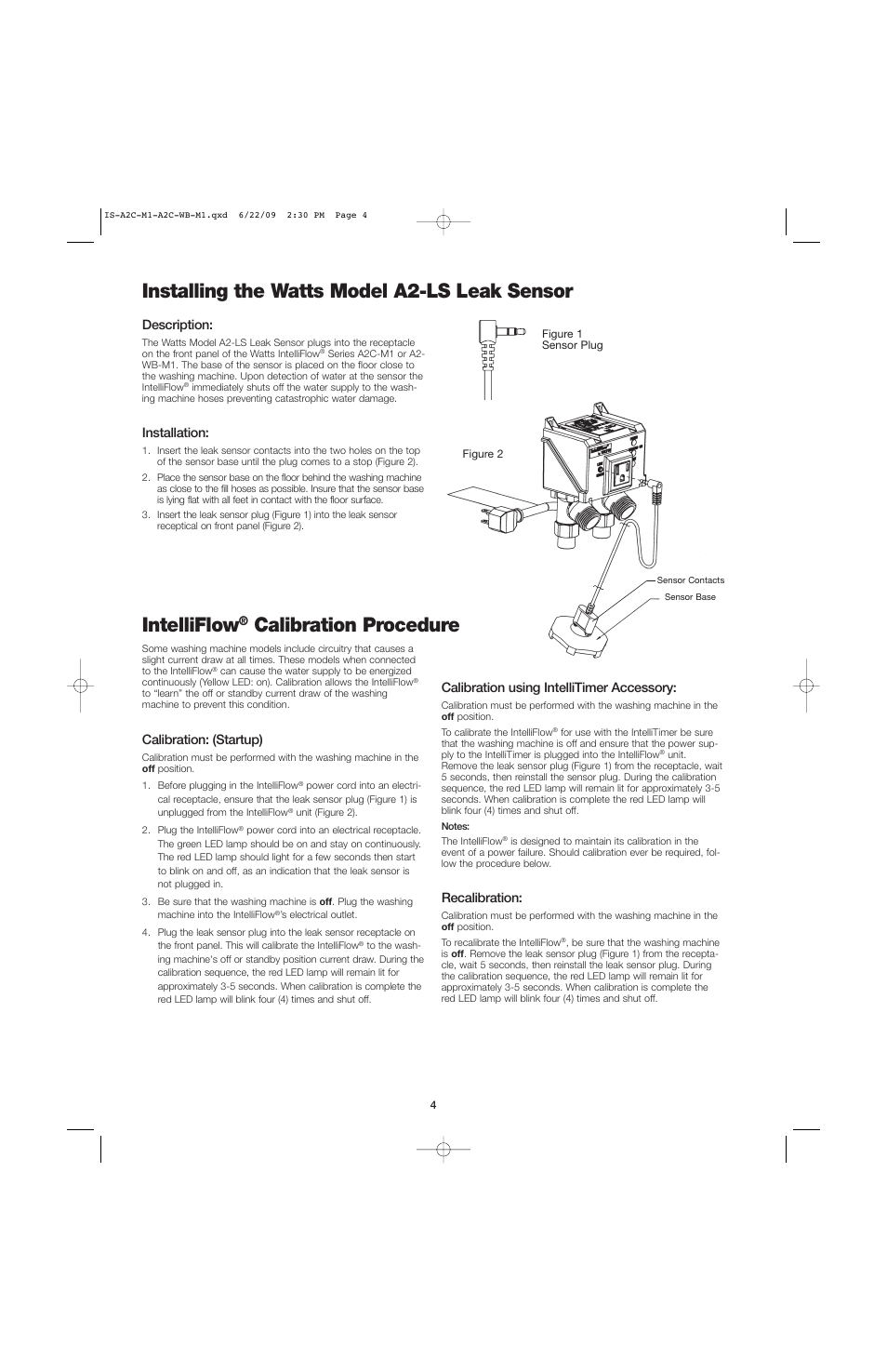 Installing the watts model a2-ls leak sensor, Intelliflow, Calibration procedure | Description, Installation, Calibration: (startup), Calibration using intellitimer accessory, Recalibration | Watts A2C-WB User Manual | Page 4 / 8
