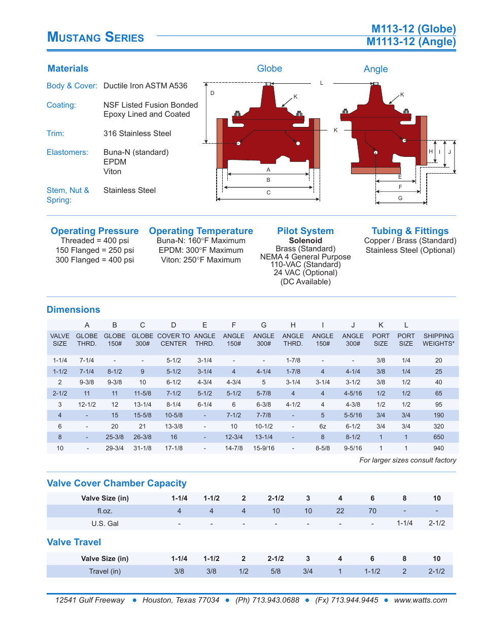 Ustang, Eries, Materials | Globe angle dimensions, Valve cover chamber capacity, Valve travel operating pressure, Operating temperature, Tubing & fittings, Pilot system | Watts M1113-12 User Manual | Page 2 / 6