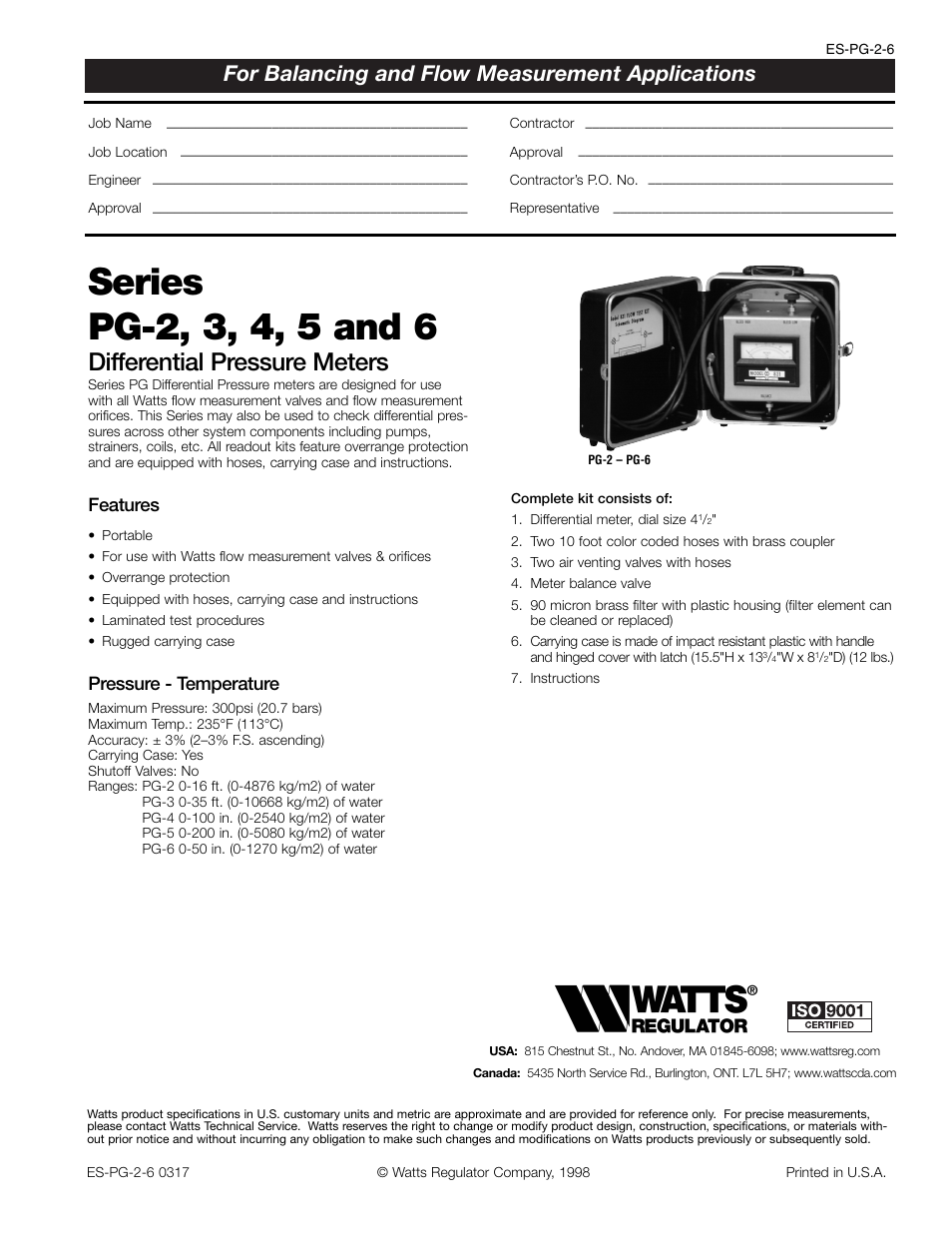 Watts PG-2 to 6 User Manual | 1 page