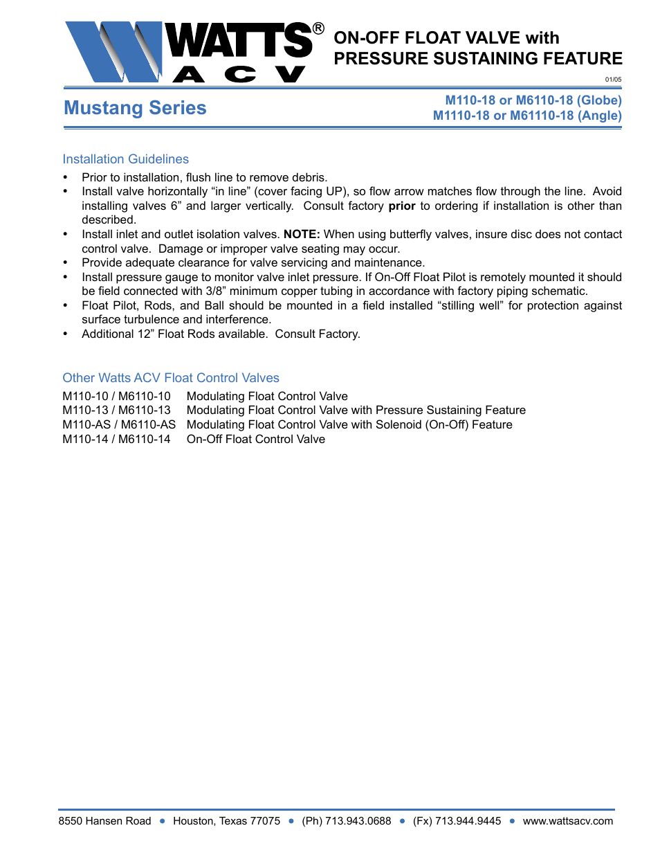 Mustang series | Watts M1110-18 User Manual | Page 2 / 2