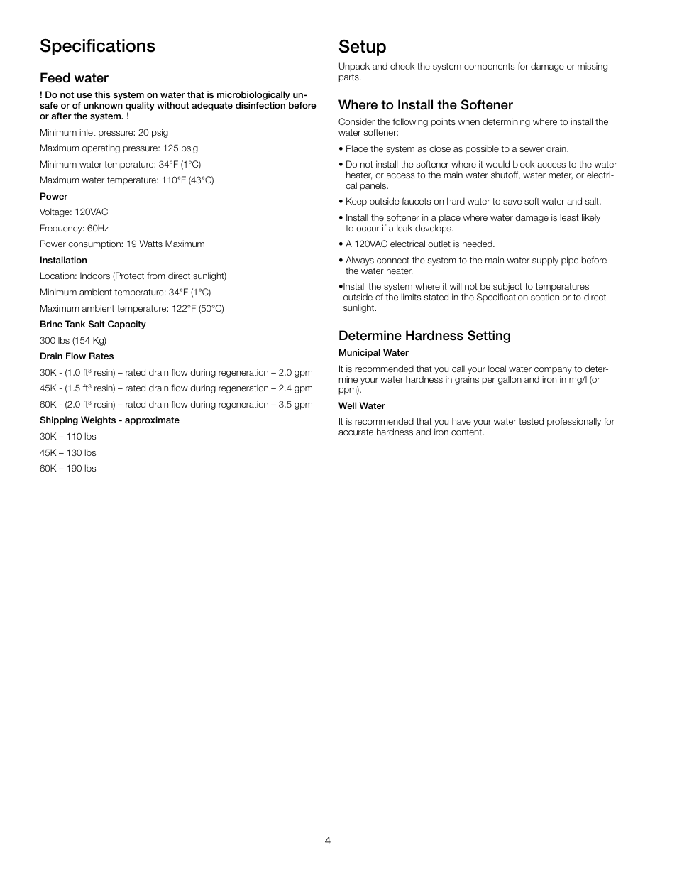 Specifications, Setup, Feed water | Where to install the softener, Determine hardness setting | Watts PWSSTD User Manual | Page 4 / 12