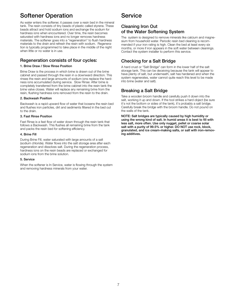 Softener operation, Service, Regeneration consists of four cycles | Cleaning iron out of the water softening system, Checking for a salt bridge, Breaking a salt bridge | Watts PWSSTD User Manual | Page 7 / 12