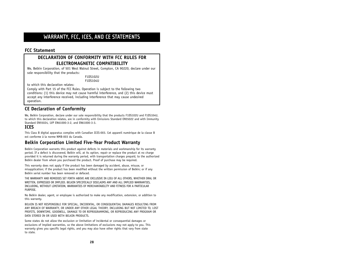 Warranty, fcc, ices, and ce statements | Belkin F1DS102U User Manual | Page 16 / 16