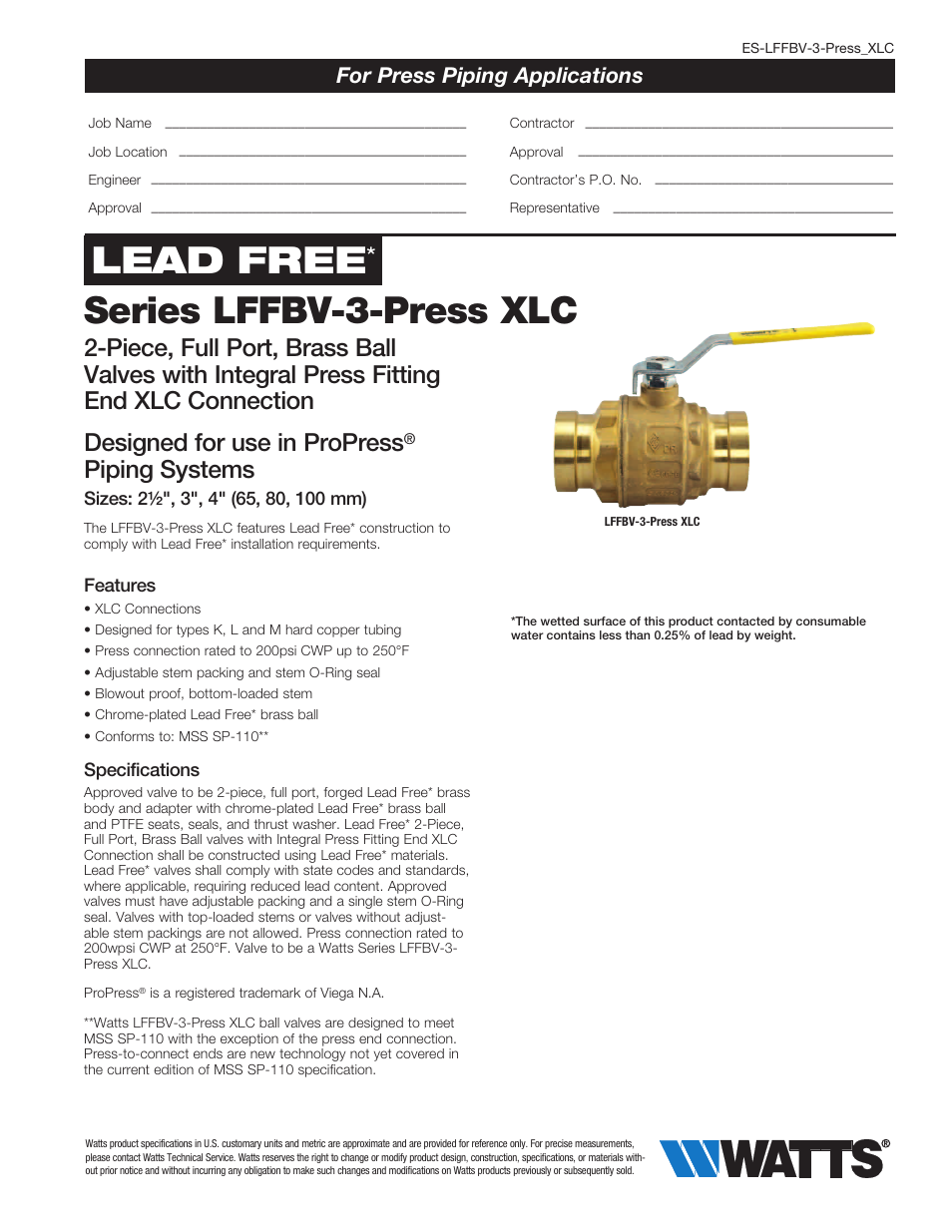 Watts LFFBV-3-Press XLC User Manual | 2 pages