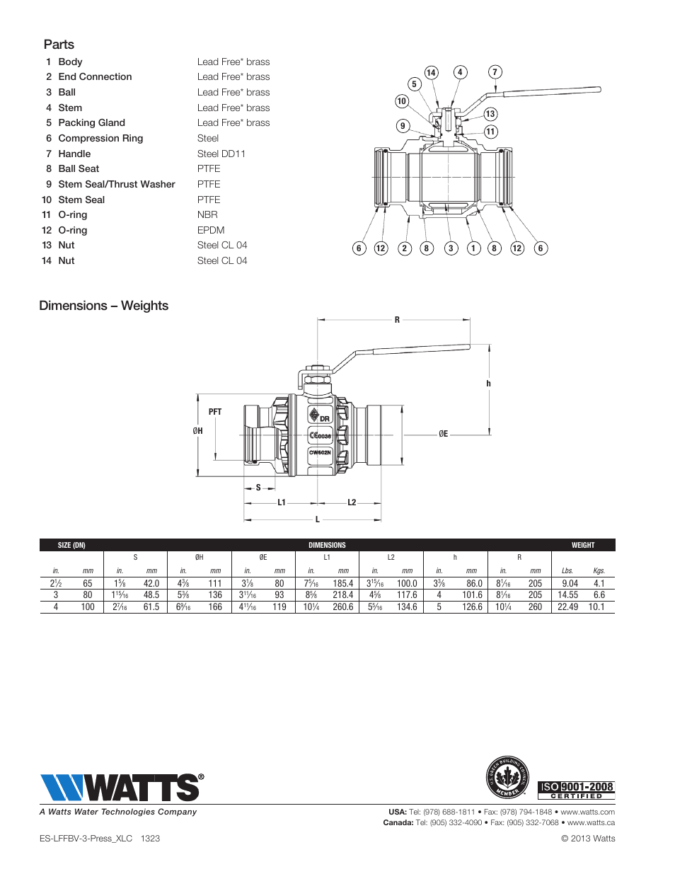 Dimensions – weights, Parts | Watts LFFBV-3-Press XLC User Manual | Page 2 / 2