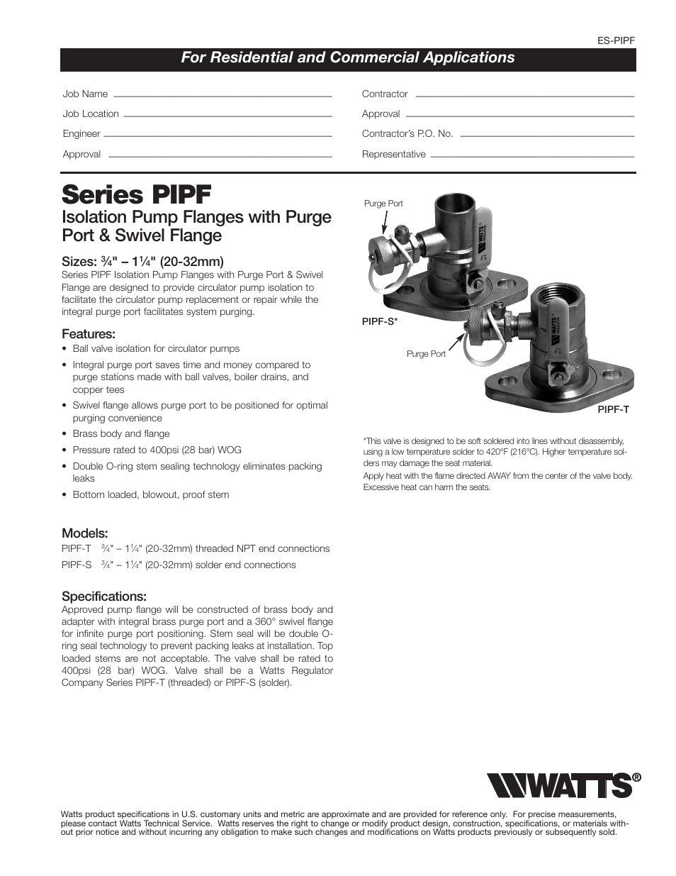 Watts PIPF User Manual | 2 pages