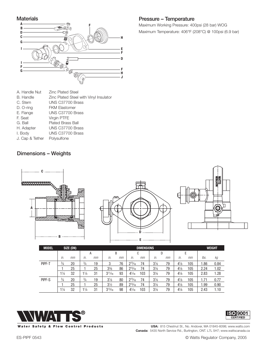 Dimensions – weights, Materials, Pressure – temperature | Watts PIPF User Manual | Page 2 / 2