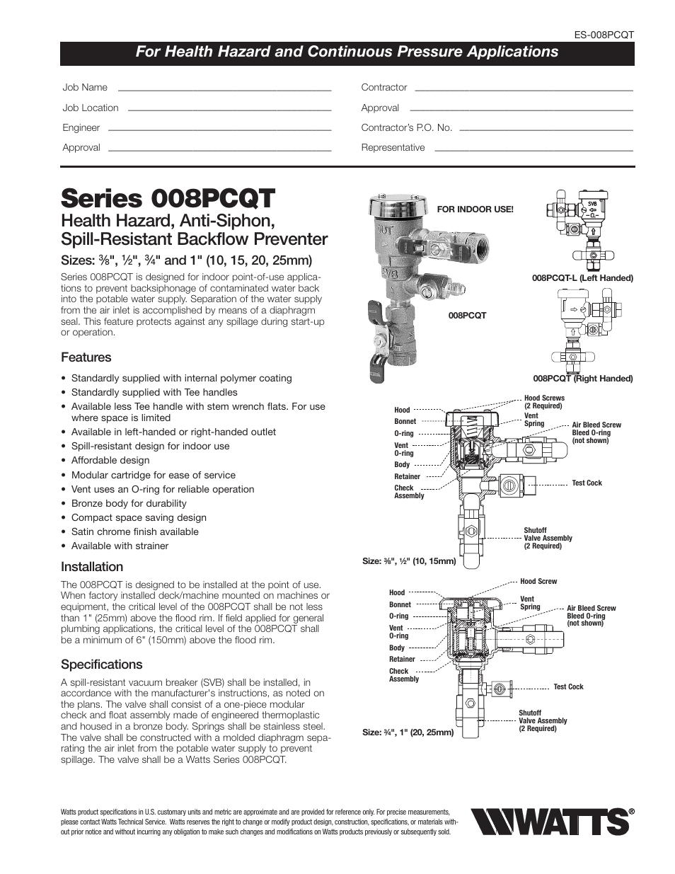 Watts 008PCQT User Manual | 2 pages