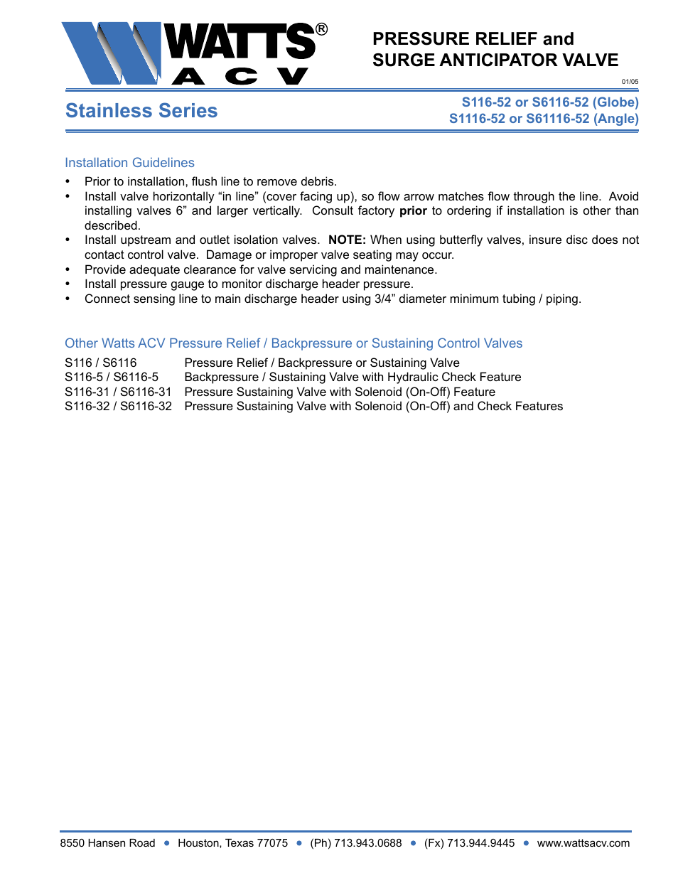 Stainless series, Pressure relief and surge anticipator valve | Watts S1116-52 User Manual | Page 2 / 2