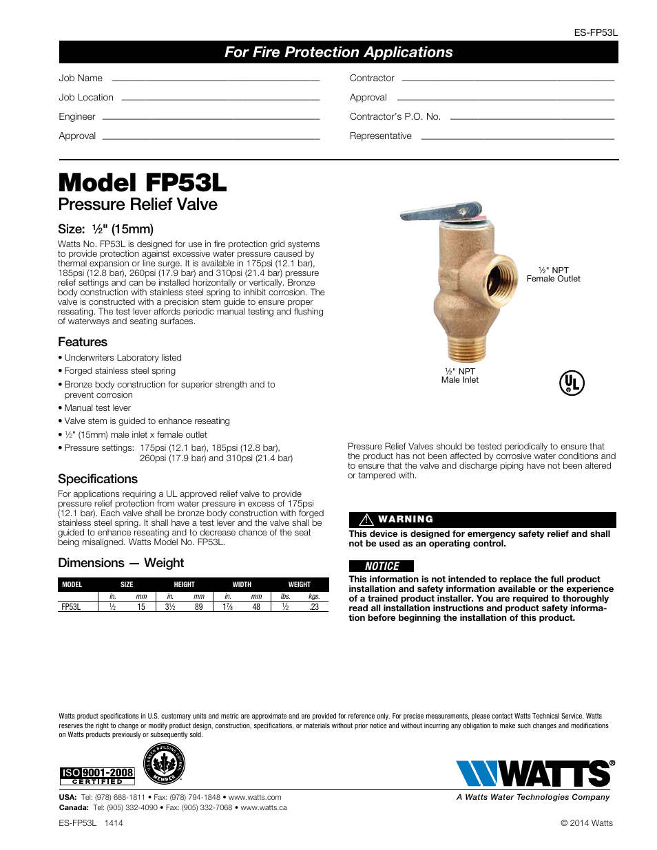 Watts FP53L User Manual | 1 page