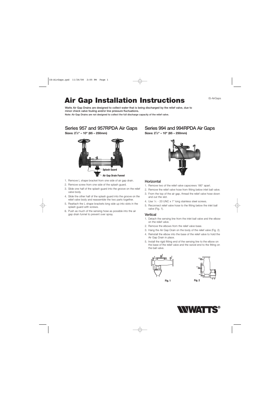 Watts Air Gaps User Manual | 2 pages