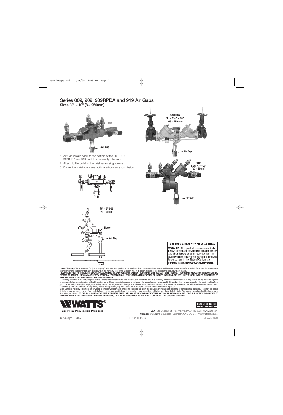 Sizes | Watts Air Gaps User Manual | Page 2 / 2