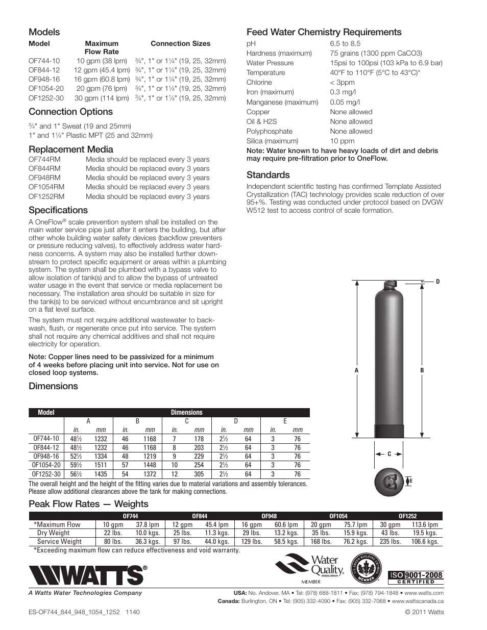 Models, Connection options, Replacement media | Specifications, Dimensions feed water chemistry requirements, Standards, Peak flow rates — weights | Watts OF948-16 User Manual | Page 2 / 2