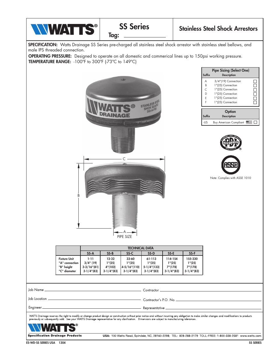 Watts SS-SERIES User Manual | 1 page