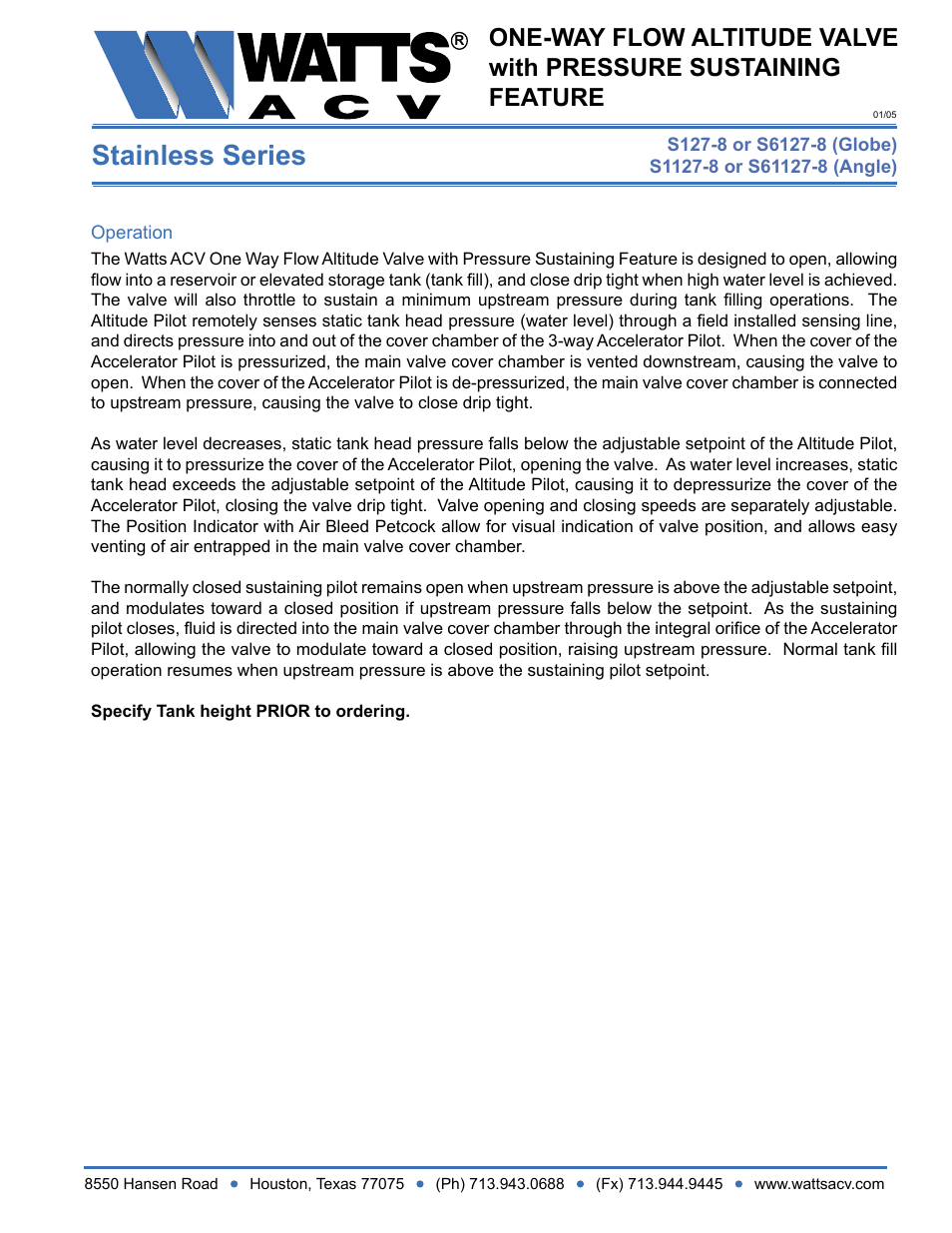 Watts S1127-8 User Manual | 2 pages
