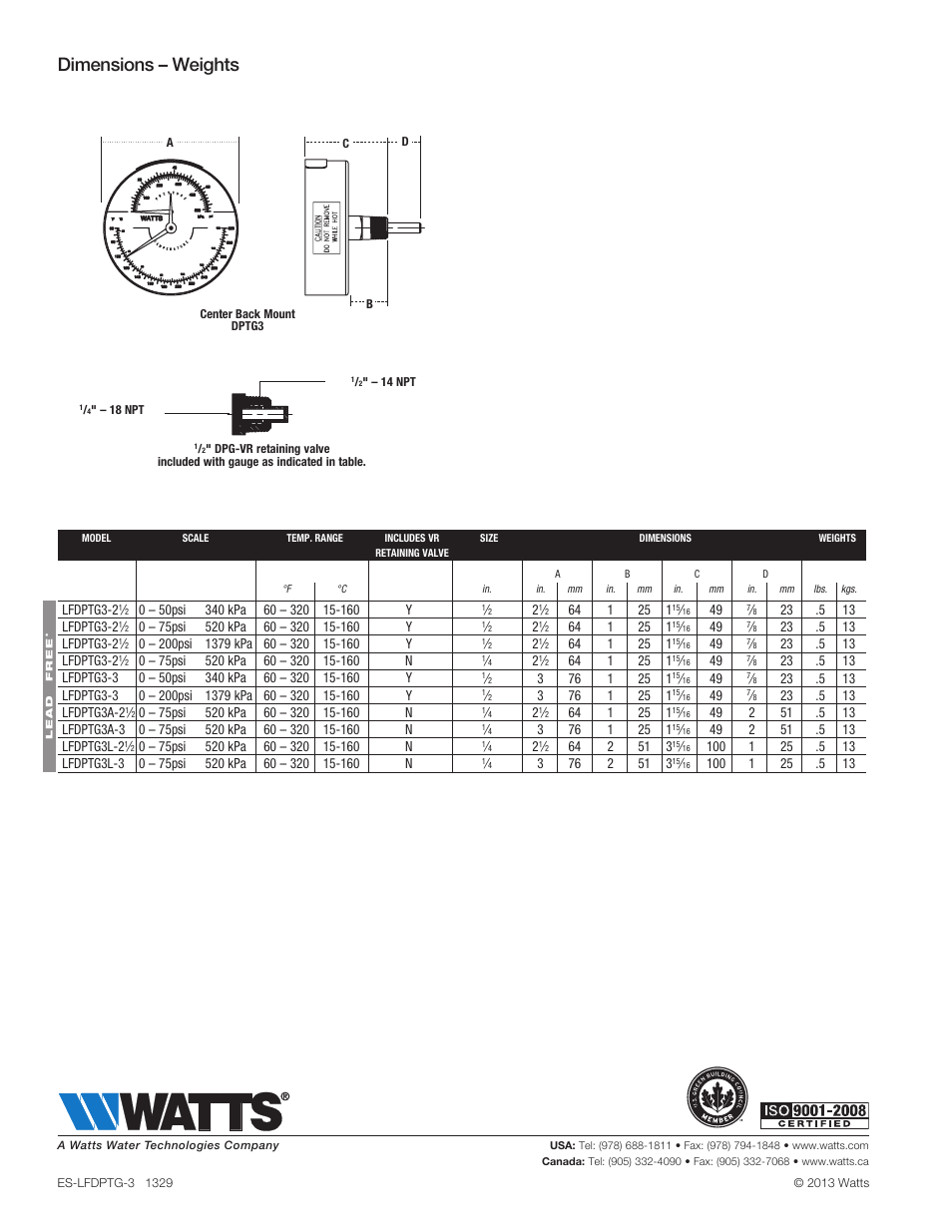 Dimensions – weights | Watts LFDPTG-3 User Manual | Page 2 / 2