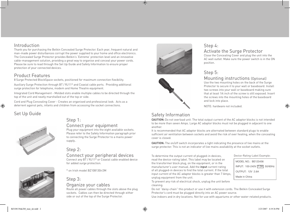 Step 1: connect your equipment, Step 2: connect your peripheral devices, Step 3: organize your cables | Step 4: activate the surge protector, Introduction, Product features, Set up guide safety information, Step 5: mounting instructions | Belkin BZ108130IR2M User Manual | Page 2 / 2