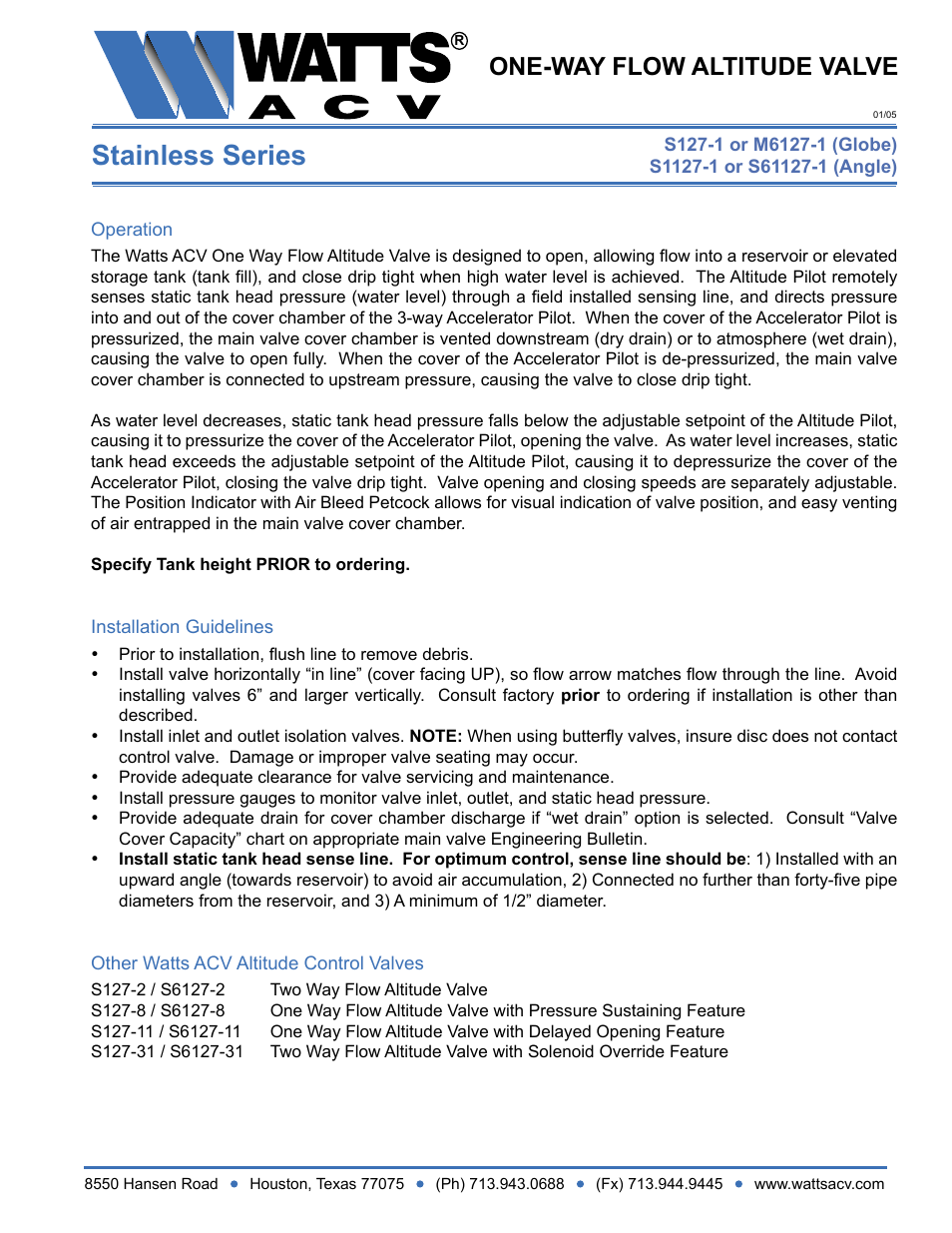 Watts S1127-1 User Manual | 1 page