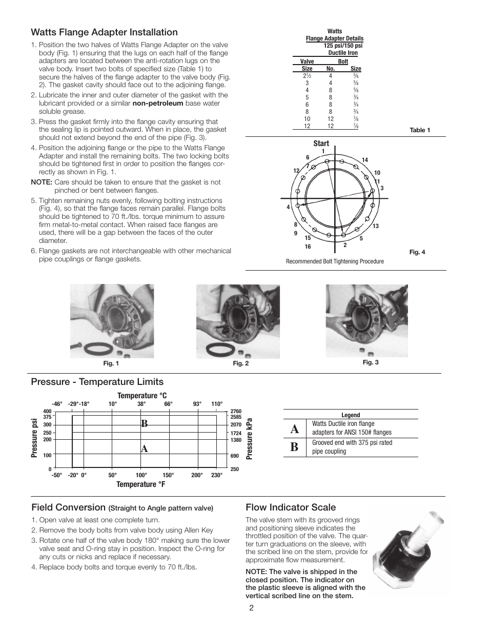 Watts flange adapter installation, Pressure - temperature limits, Field conversion | Flow indicator scale | Watts TDV User Manual | Page 2 / 4