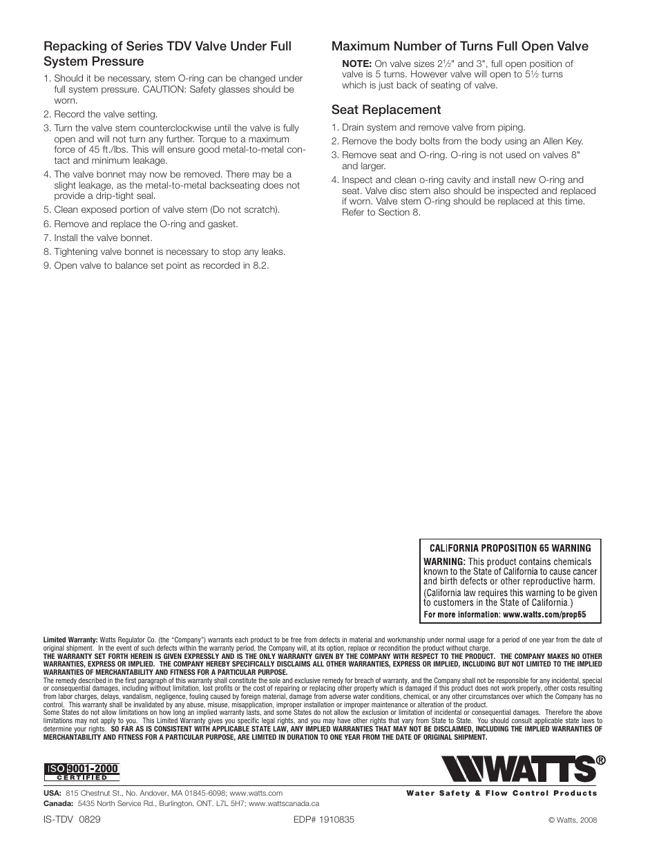 Maximum number of turns full open valve, Seat replacement | Watts TDV User Manual | Page 4 / 4