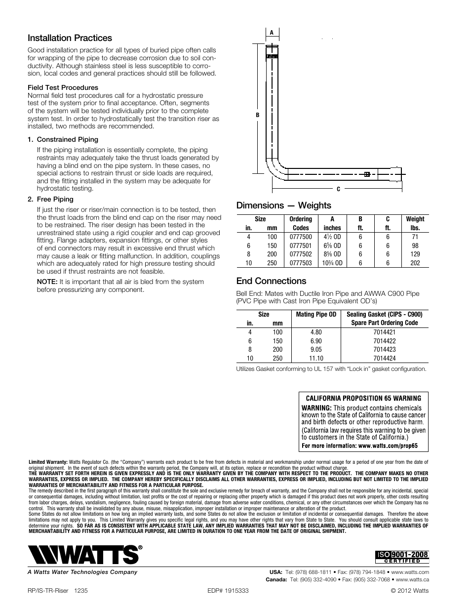 Installation practices, End connections, Dimensions — weights | Watts TR User Manual | Page 2 / 2