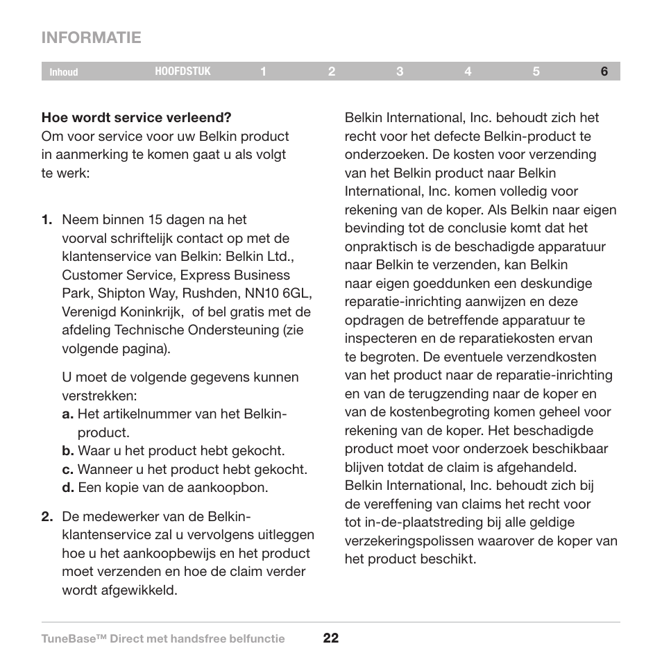 Informatie | Belkin Belkine TuneBase Direct with Hands-Free 8820-00110ea User Manual | Page 105 / 162