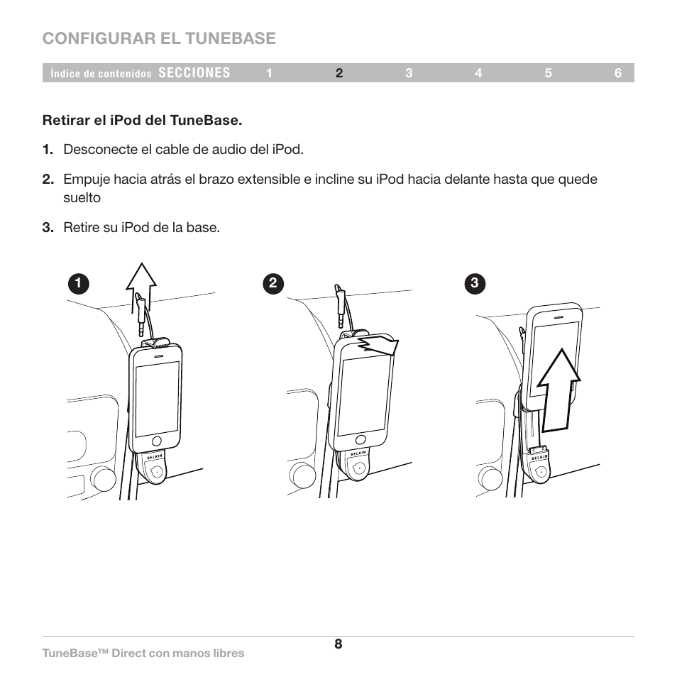 Removal, Configurar el tunebase | Belkin Belkine TuneBase Direct with Hands-Free 8820-00110ea User Manual | Page 118 / 162