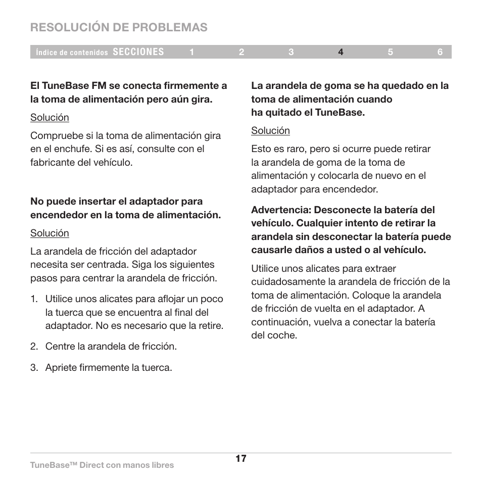 Resolución de problemas | Belkin Belkine TuneBase Direct with Hands-Free 8820-00110ea User Manual | Page 127 / 162