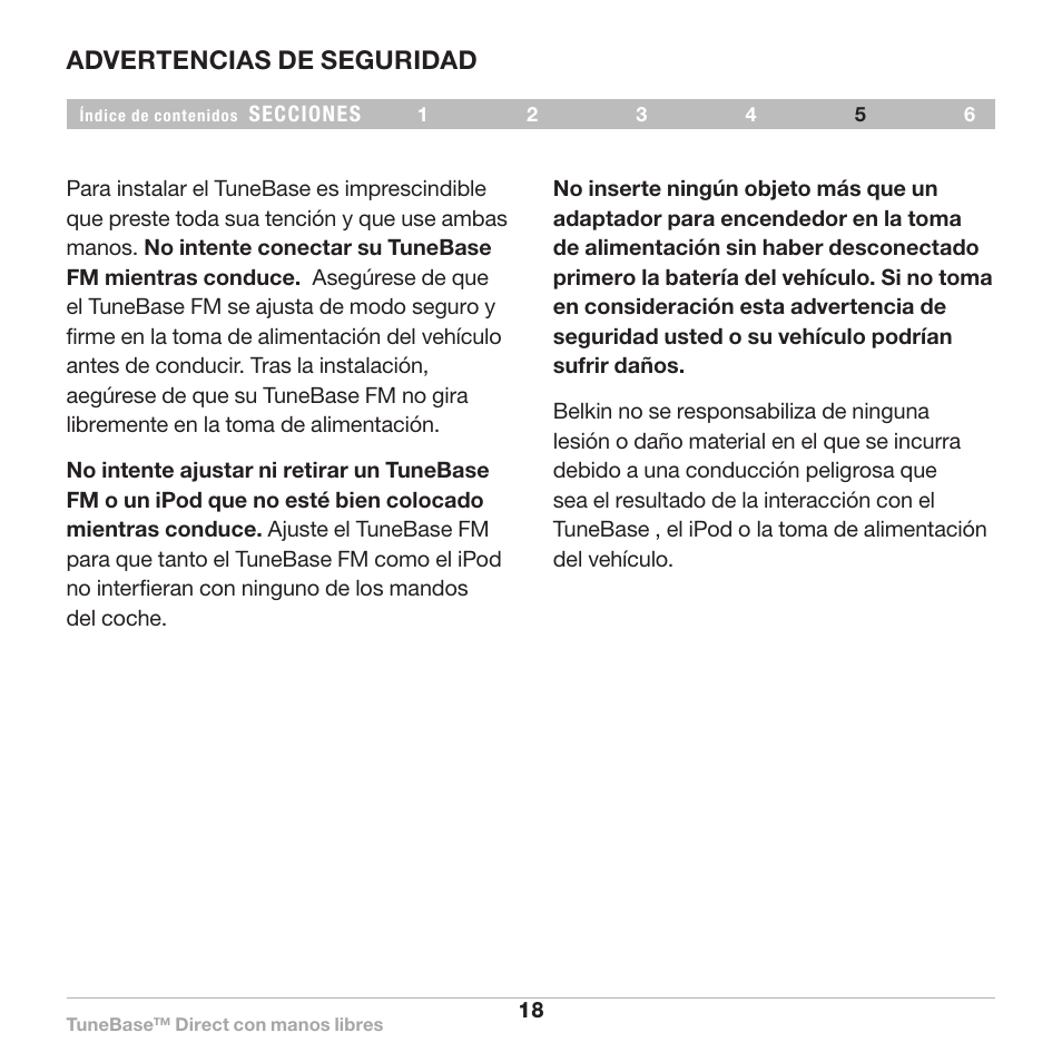 Advertencias de seguridad | Belkin Belkine TuneBase Direct with Hands-Free 8820-00110ea User Manual | Page 128 / 162