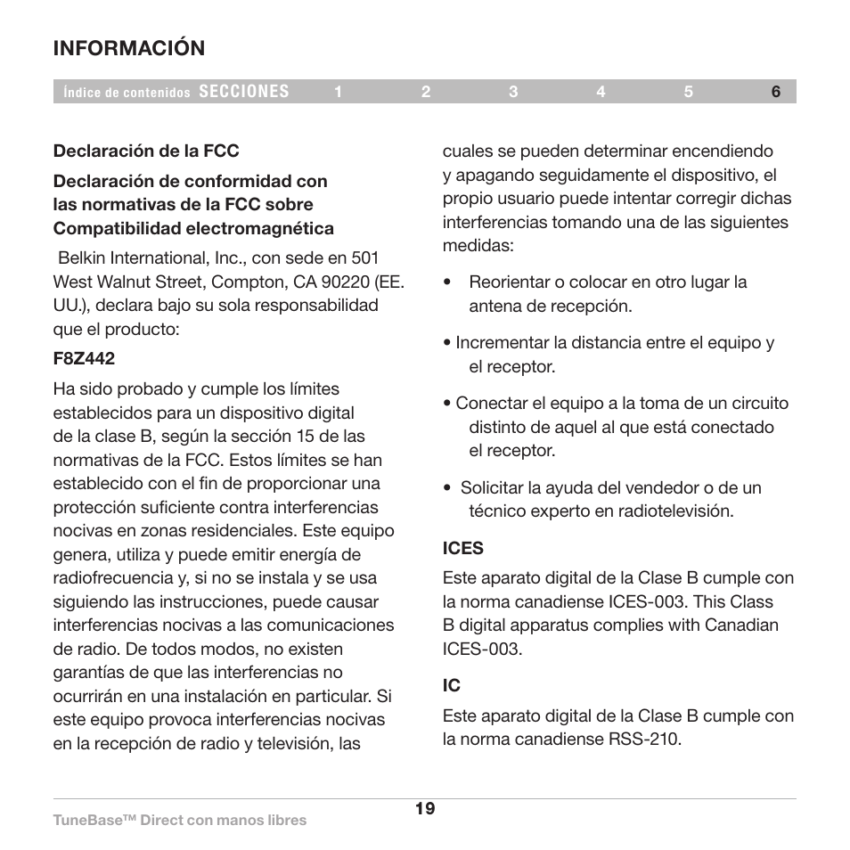 Información | Belkin Belkine TuneBase Direct with Hands-Free 8820-00110ea User Manual | Page 129 / 162