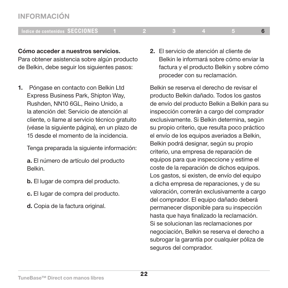 Información | Belkin Belkine TuneBase Direct with Hands-Free 8820-00110ea User Manual | Page 132 / 162