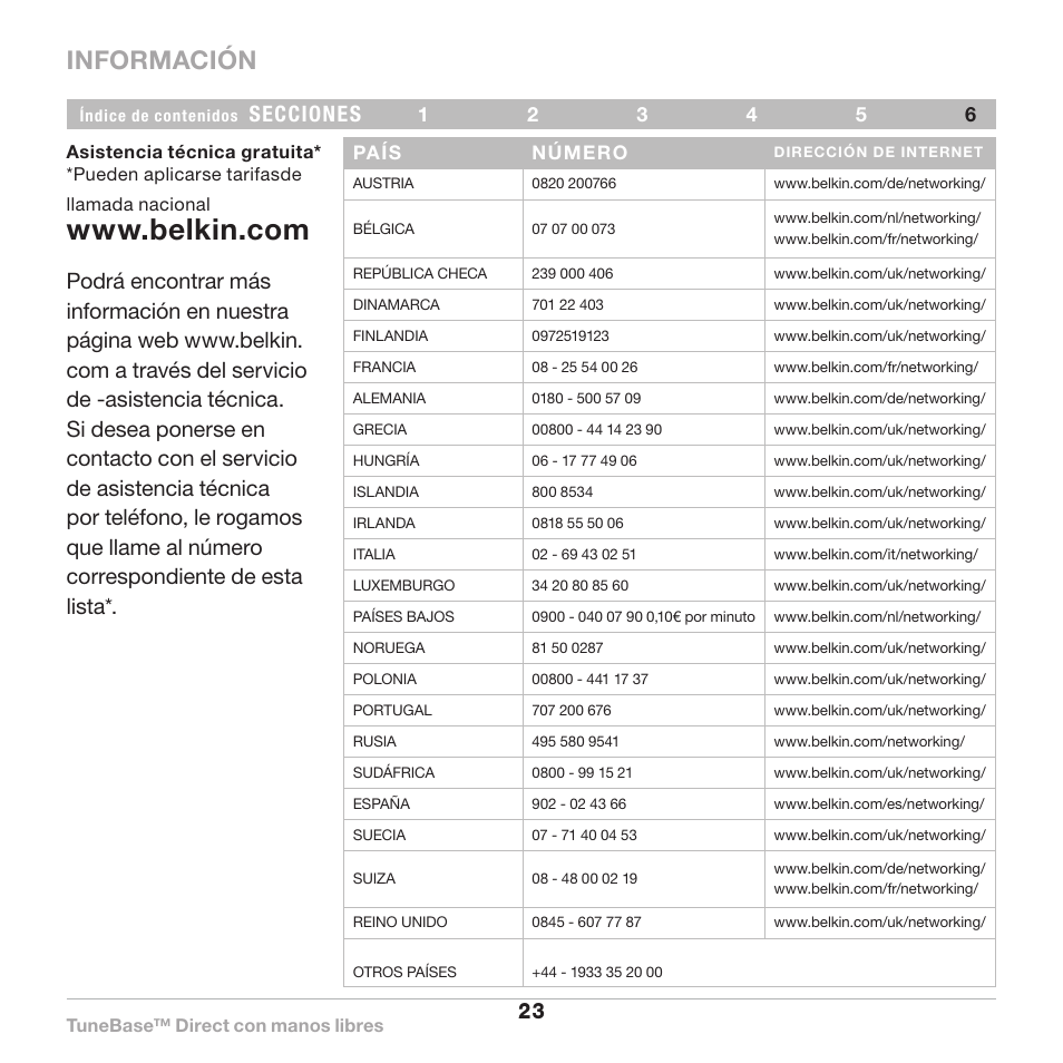 Información, 23 secciones | Belkin Belkine TuneBase Direct with Hands-Free 8820-00110ea User Manual | Page 133 / 162