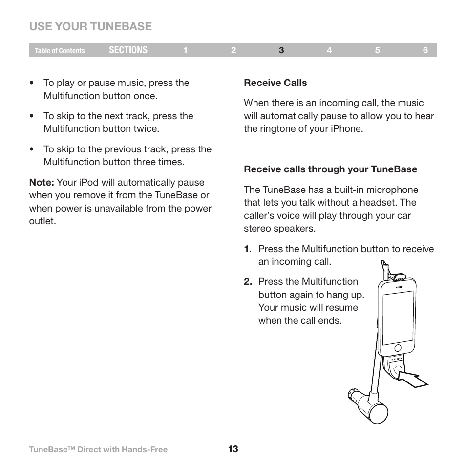 Use your tunebase | Belkin Belkine TuneBase Direct with Hands-Free 8820-00110ea User Manual | Page 15 / 162