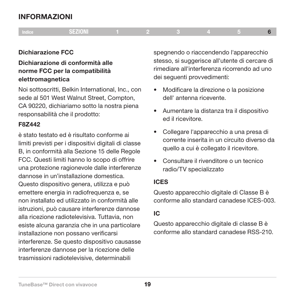 Informazioni | Belkin Belkine TuneBase Direct with Hands-Free 8820-00110ea User Manual | Page 156 / 162