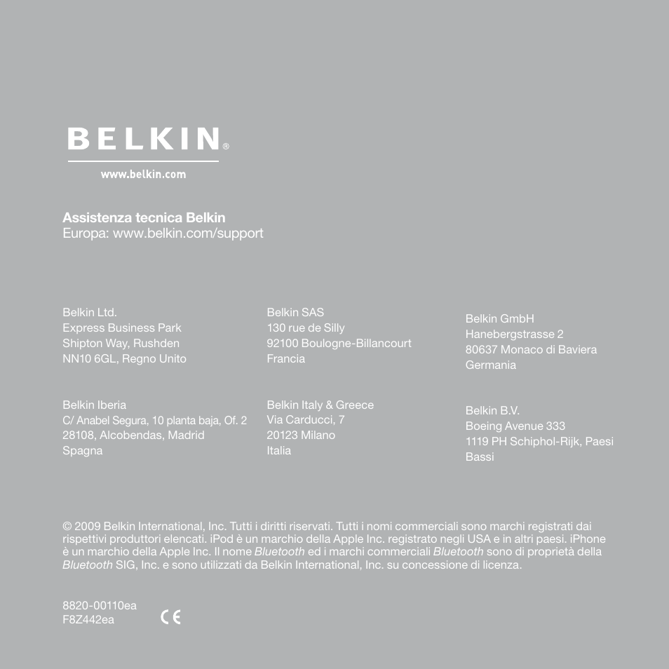 Belkin Belkine TuneBase Direct with Hands-Free 8820-00110ea User Manual | Page 162 / 162