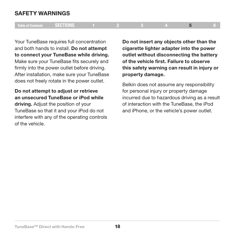 Safety warnings | Belkin Belkine TuneBase Direct with Hands-Free 8820-00110ea User Manual | Page 20 / 162