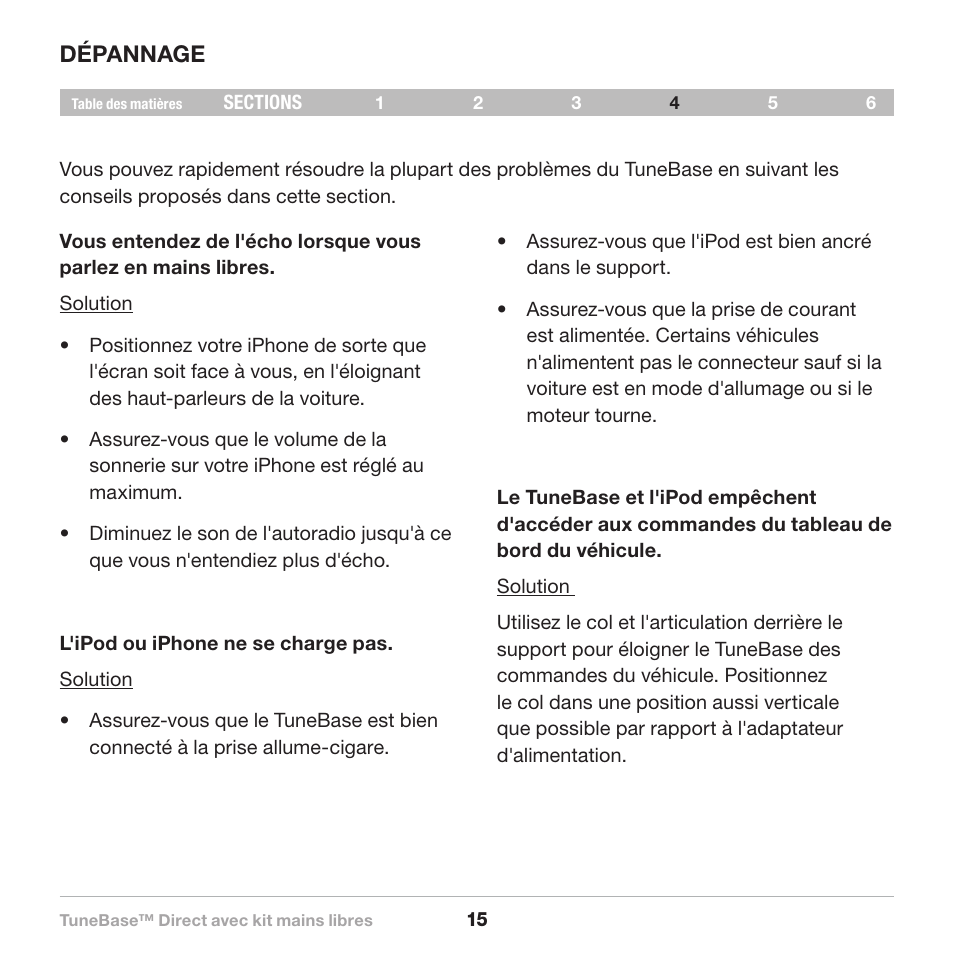Dépannage | Belkin Belkine TuneBase Direct with Hands-Free 8820-00110ea User Manual | Page 44 / 162