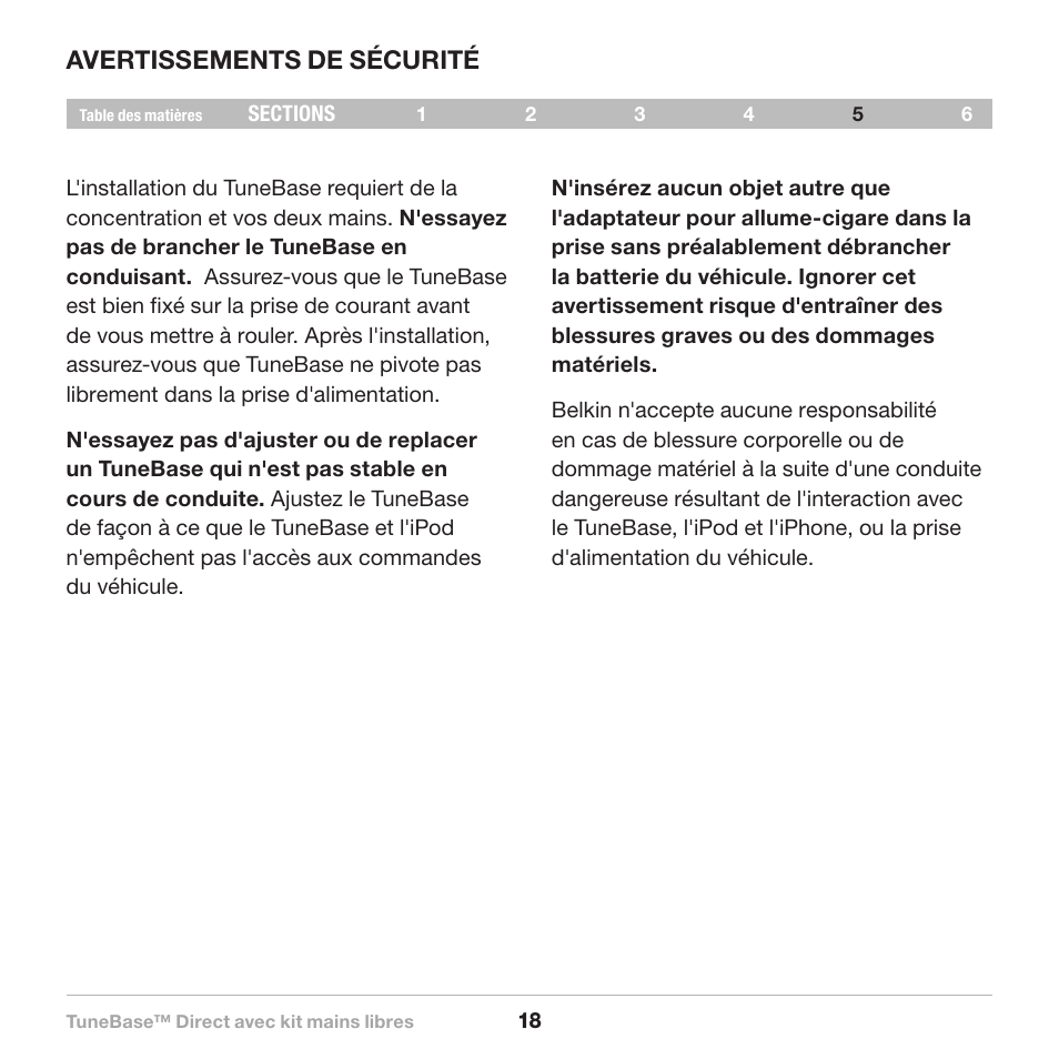 Avertissements de sécurité | Belkin Belkine TuneBase Direct with Hands-Free 8820-00110ea User Manual | Page 47 / 162