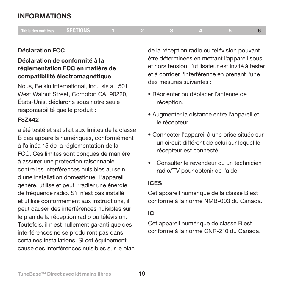 Informations | Belkin Belkine TuneBase Direct with Hands-Free 8820-00110ea User Manual | Page 48 / 162