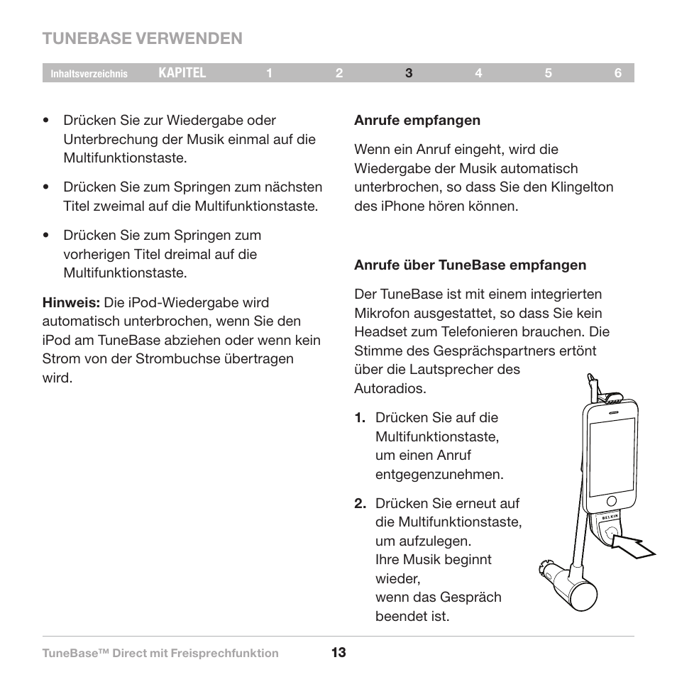 Tunebase verwenden | Belkin Belkine TuneBase Direct with Hands-Free 8820-00110ea User Manual | Page 69 / 162