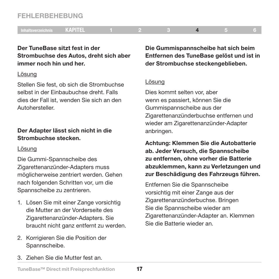 Fehlerbehebung | Belkin Belkine TuneBase Direct with Hands-Free 8820-00110ea User Manual | Page 73 / 162