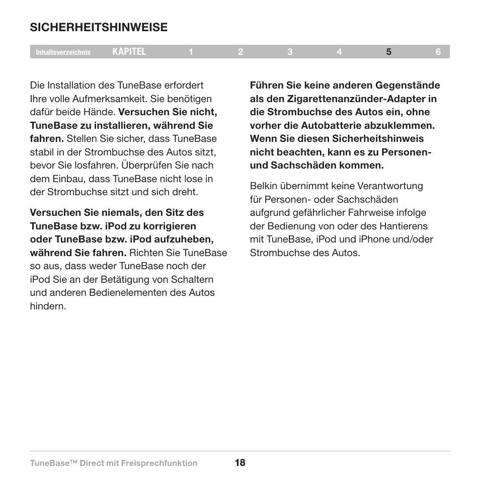 Sicherheitshinweise | Belkin Belkine TuneBase Direct with Hands-Free 8820-00110ea User Manual | Page 74 / 162
