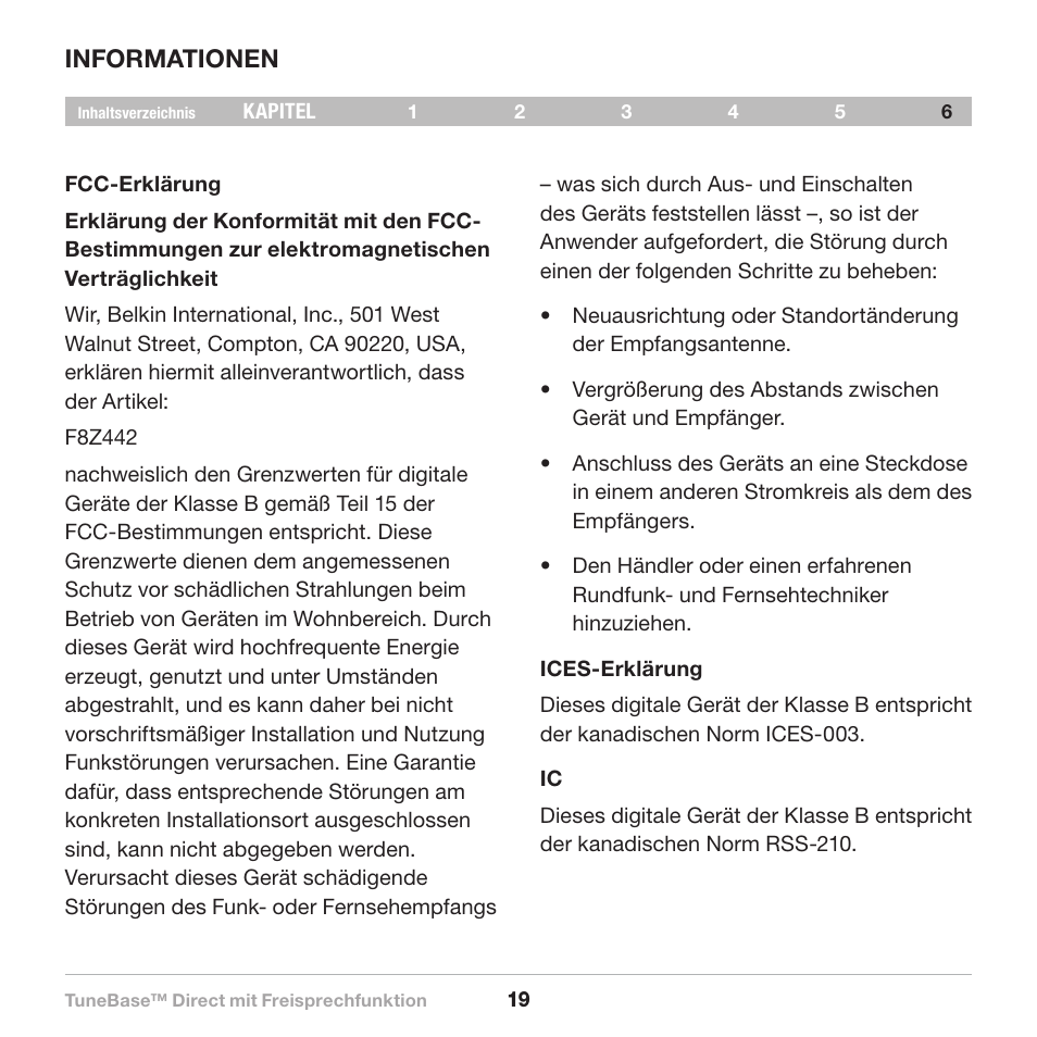 Informationen | Belkin Belkine TuneBase Direct with Hands-Free 8820-00110ea User Manual | Page 75 / 162
