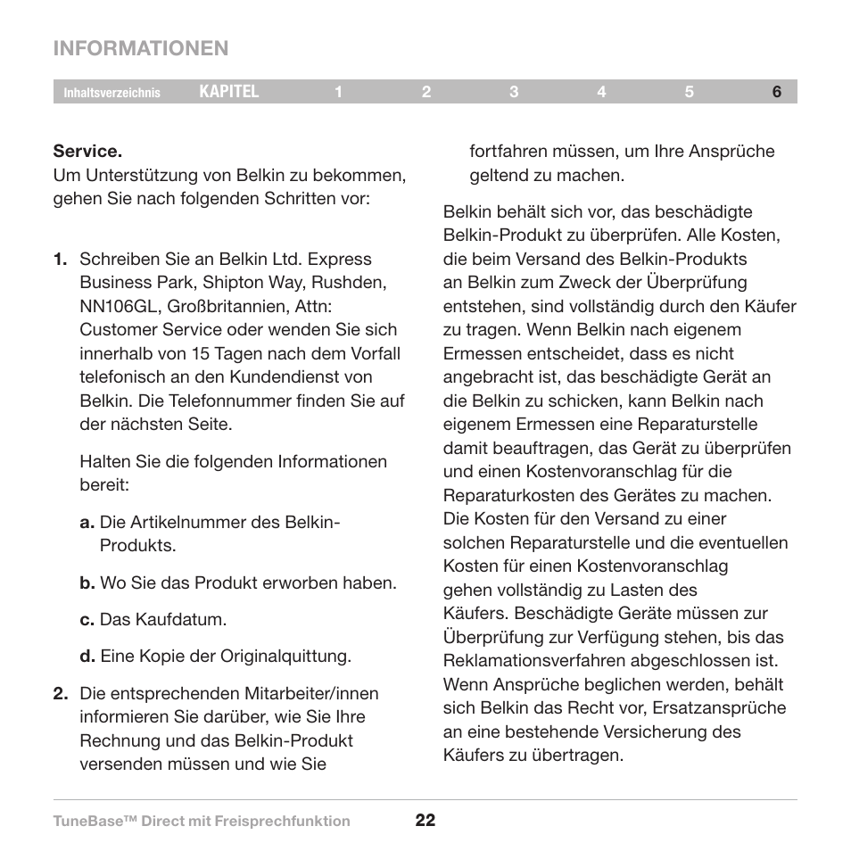 Informationen | Belkin Belkine TuneBase Direct with Hands-Free 8820-00110ea User Manual | Page 78 / 162